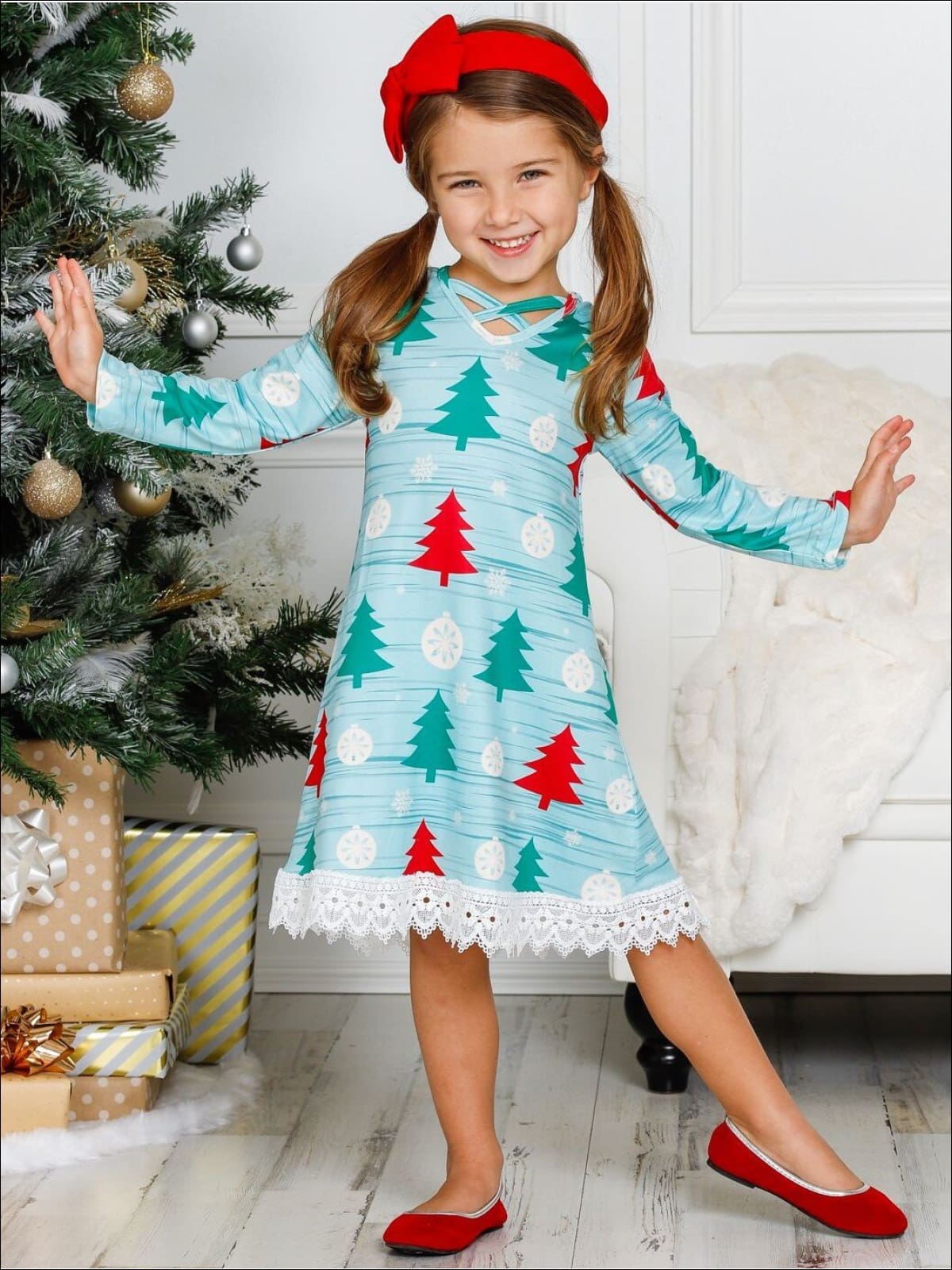 Girls Christmas Themed Long Sleeve Christmas Tree Print Lace Dress - Girls Christmas Dress