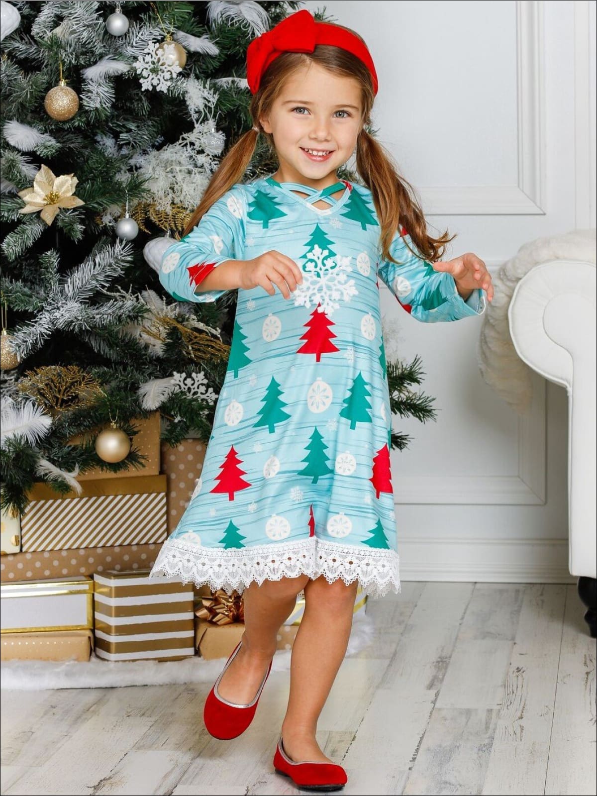 Girls Christmas Themed Long Sleeve Christmas Tree Print Lace Dress - Girls Christmas Dress