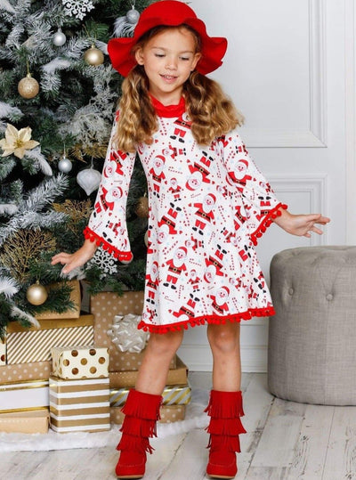 Girls Christmas Themed Long Sleeve Turtle Neck A-Line Sweater Dress with Pom Pom Trim - Girls Christmas Dress