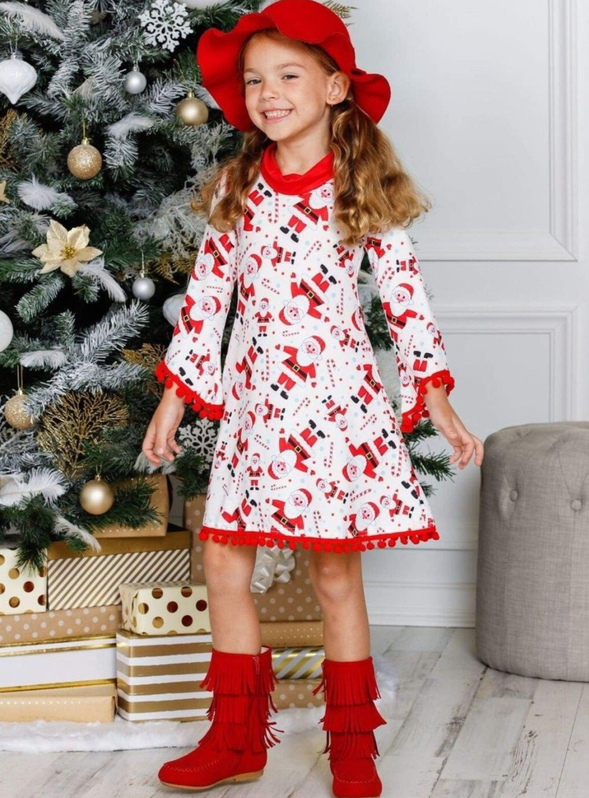 Girls Christmas Themed Long Sleeve Turtle Neck A-Line Sweater Dress with Pom Pom Trim - Girls Christmas Dress