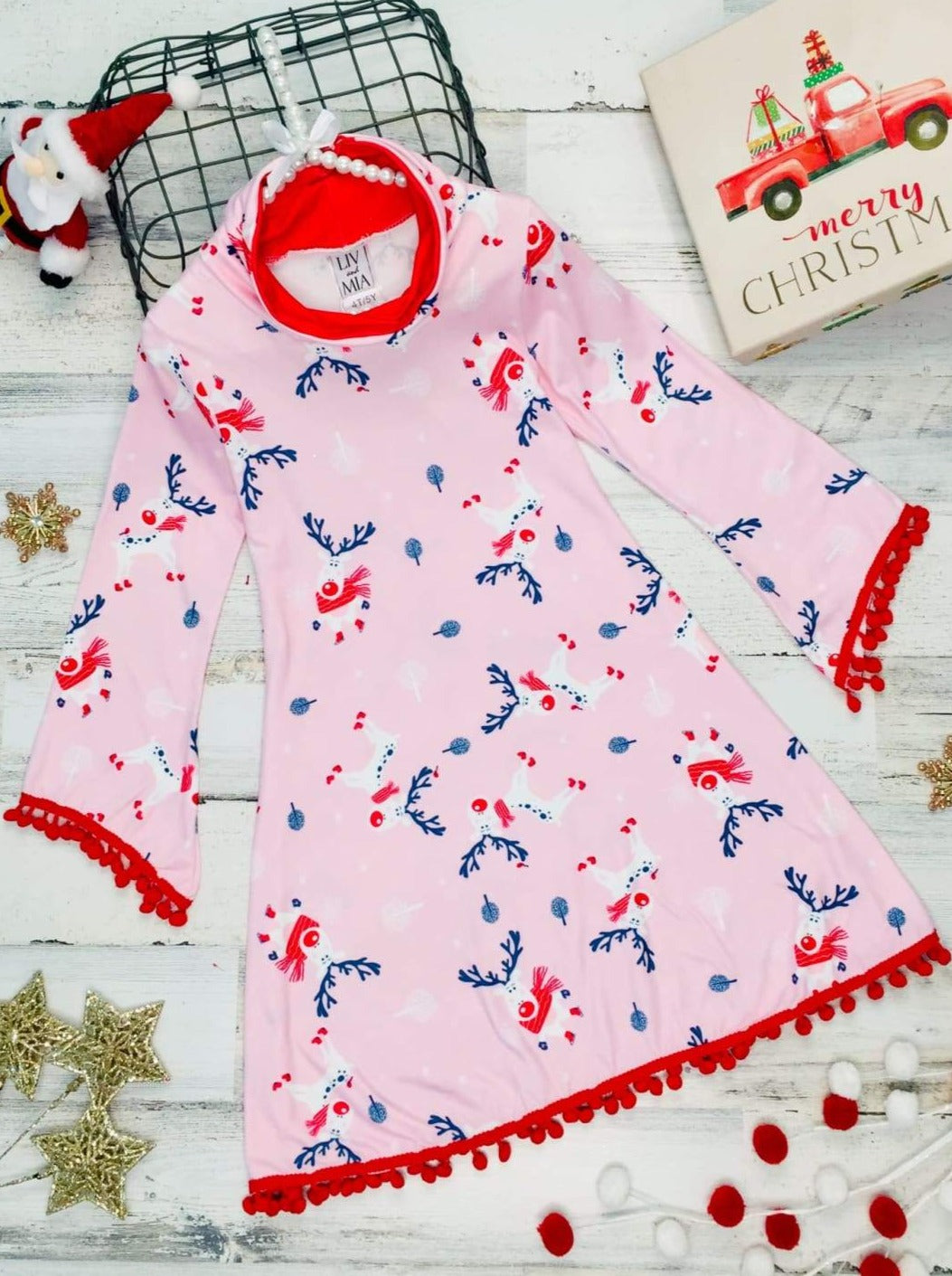 Cute Winter Dresses | Girls Rudolph Print Turtleneck Pom Pom Hem Dress