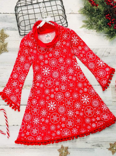Girls Christmas Themed Long Sleeve Turtle Neck A-Line Sweater Dress with Pom Pom Trim - Red / 2T/3T - Girls Christmas Dress