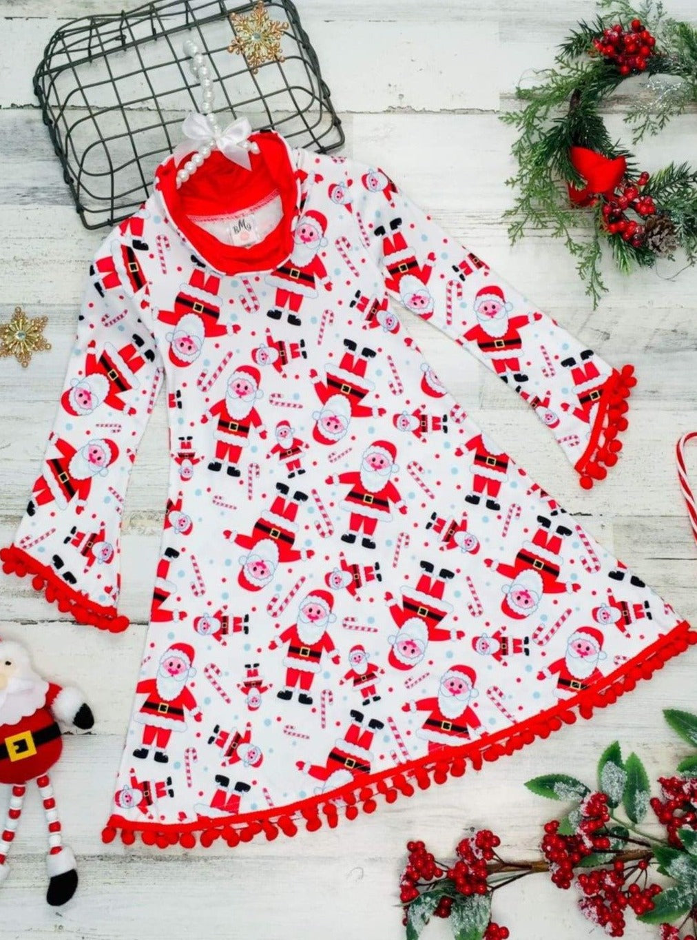 Girls Christmas Themed Long Sleeve Turtle Neck A-Line Sweater Dress with Pom Pom Trim - White / 2T/3T - Girls Christmas Dress