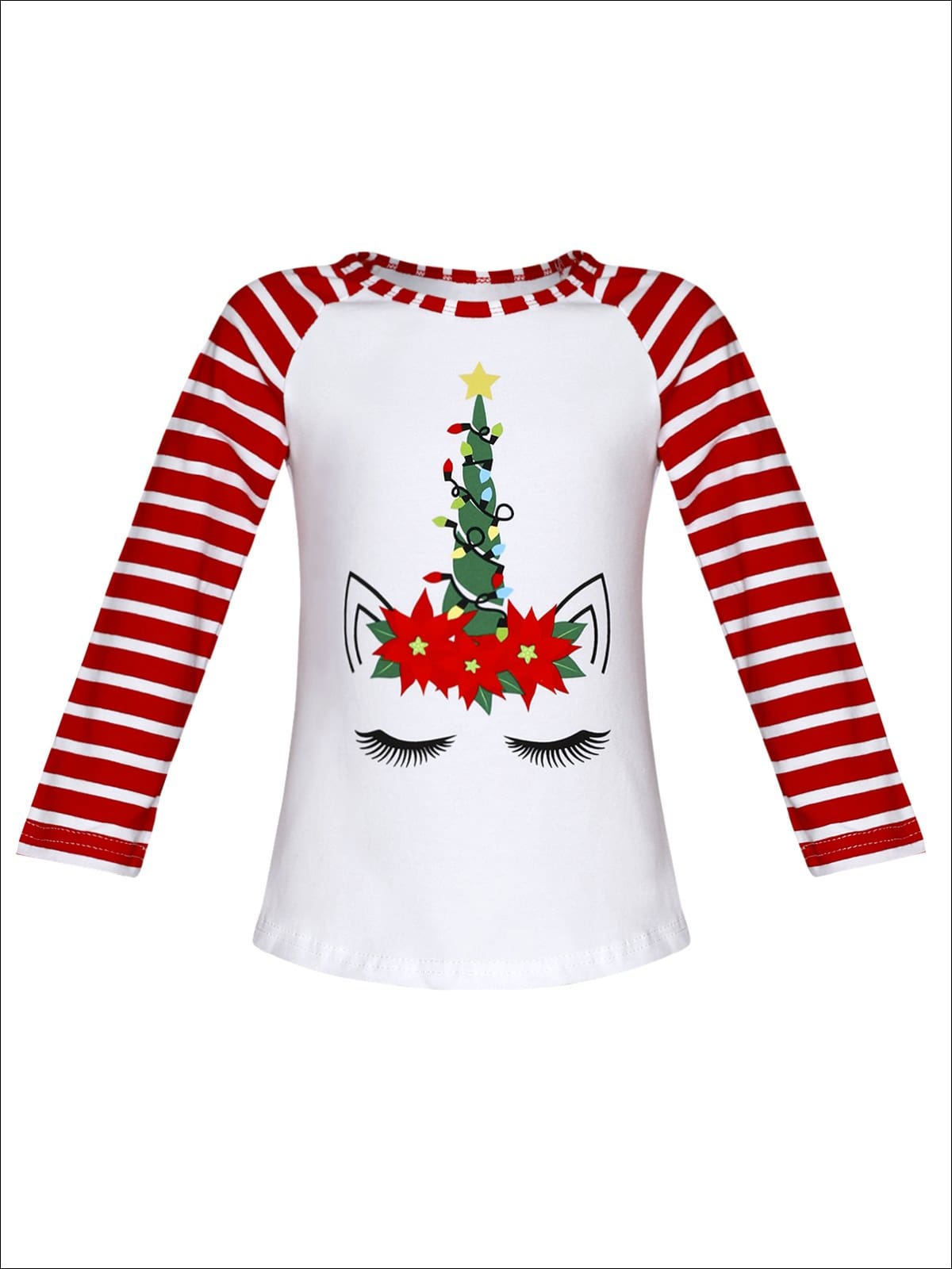 Girls Christmas Themed Long Striped Raglan Sleeve Unicorn Top - White / XS-2T - Girls Christmas Top