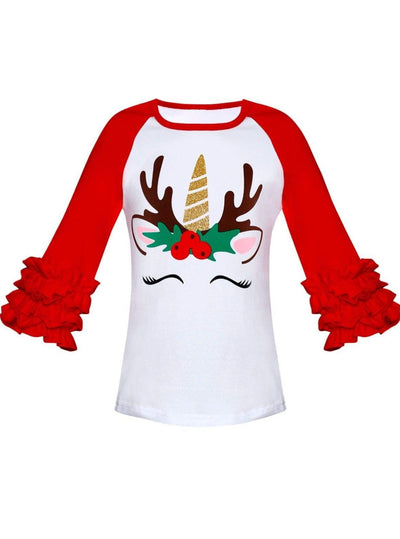 Girls Christmas Themed Ruffled Long Raglan Sleeve Unicorn Reindeer Top - White / XS-2T - Girls Christmas Top