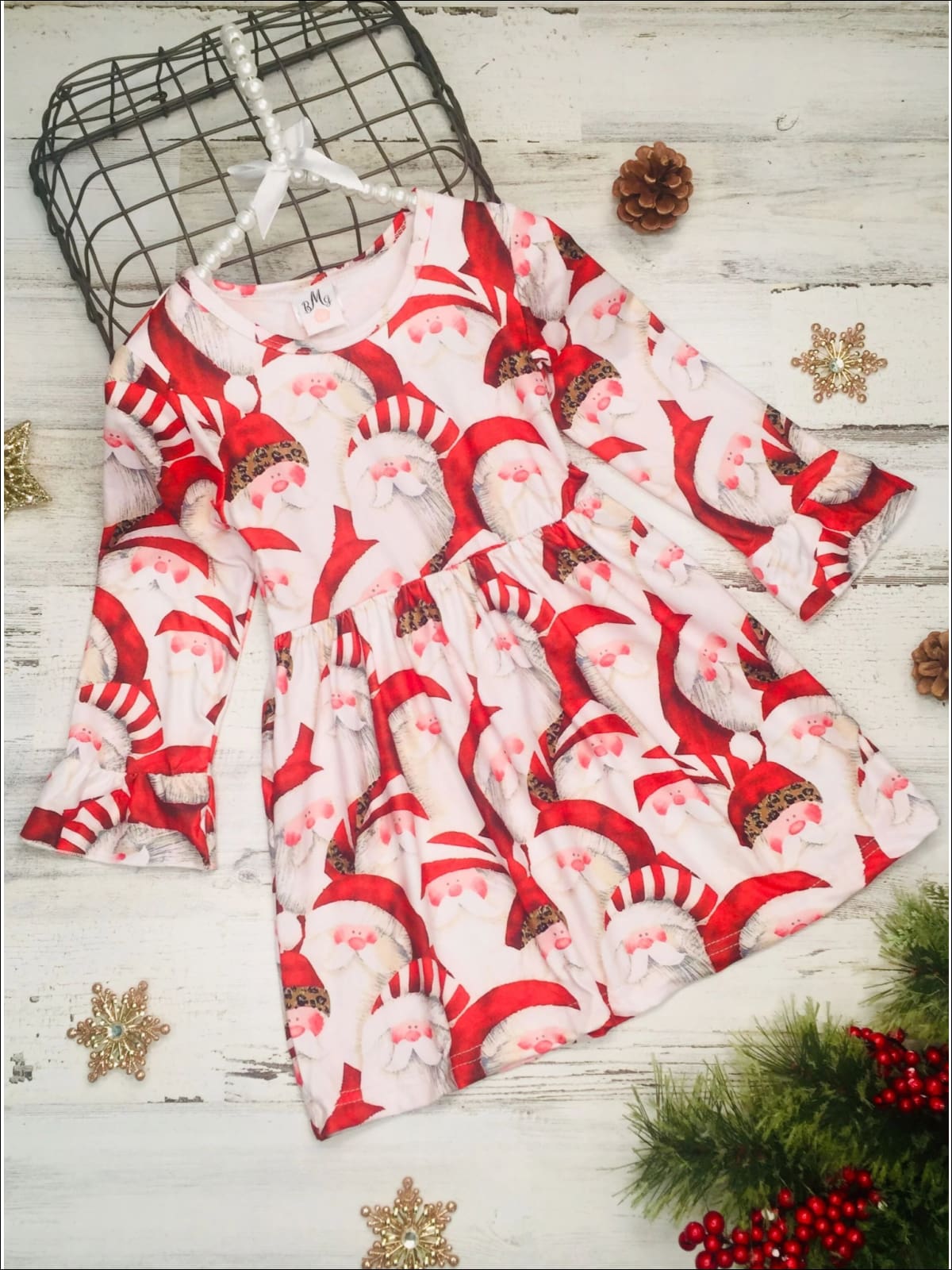 Girls Christmas Themed Santa Print Long Bell Sleeve Dress - Red / S-3T - Girls Christmas Dress