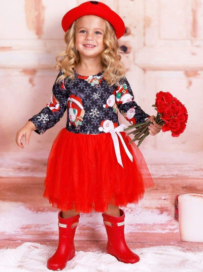 Girls Christmas Themed Santa Snowflake Print Long Sleeve Tutu Dress - Red / 3T - Girls Christmas Dress