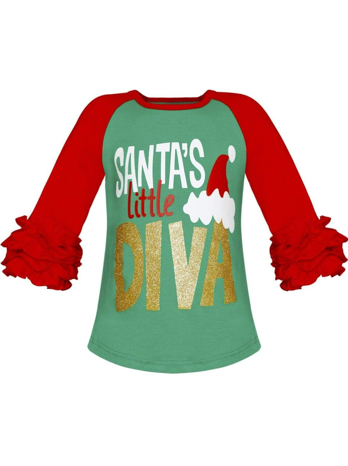 Girls Christmas Themed Santas Little Diva Ruffled Long Sleeve Raglan Top - Girls Fall Top