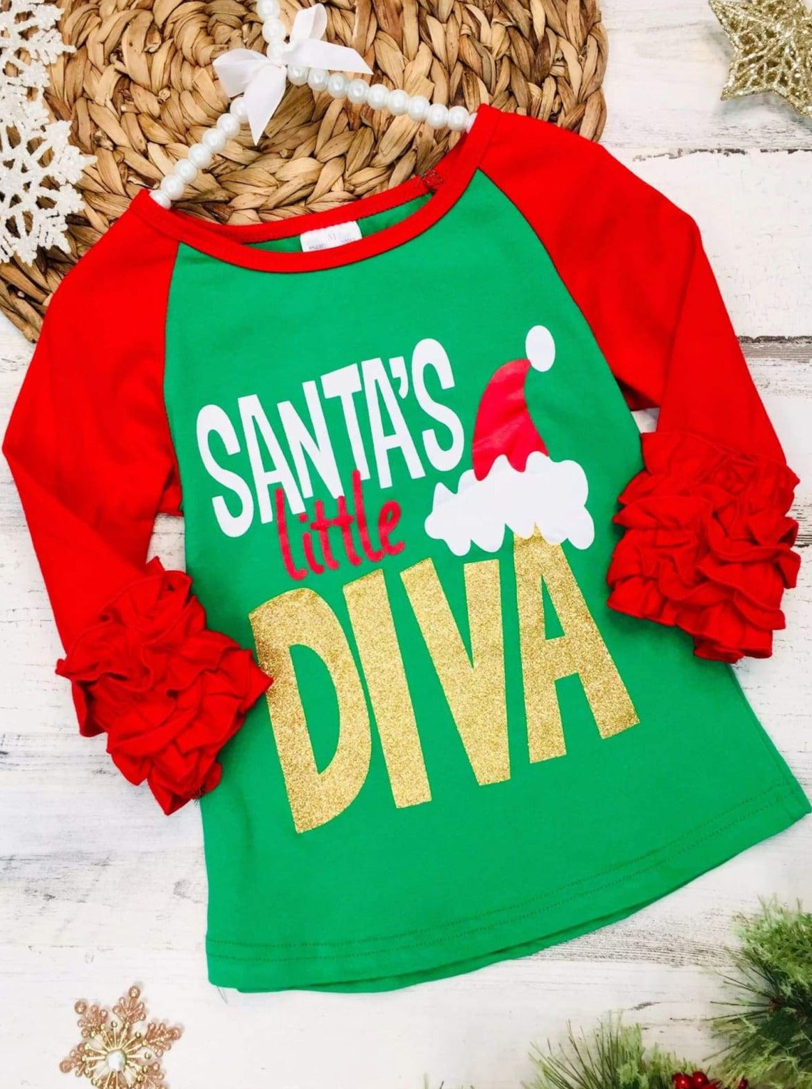 Girls Christmas Themed Santas Little Diva Ruffled Long Sleeve Raglan Top - Green / XS-2T - Girls Fall Top