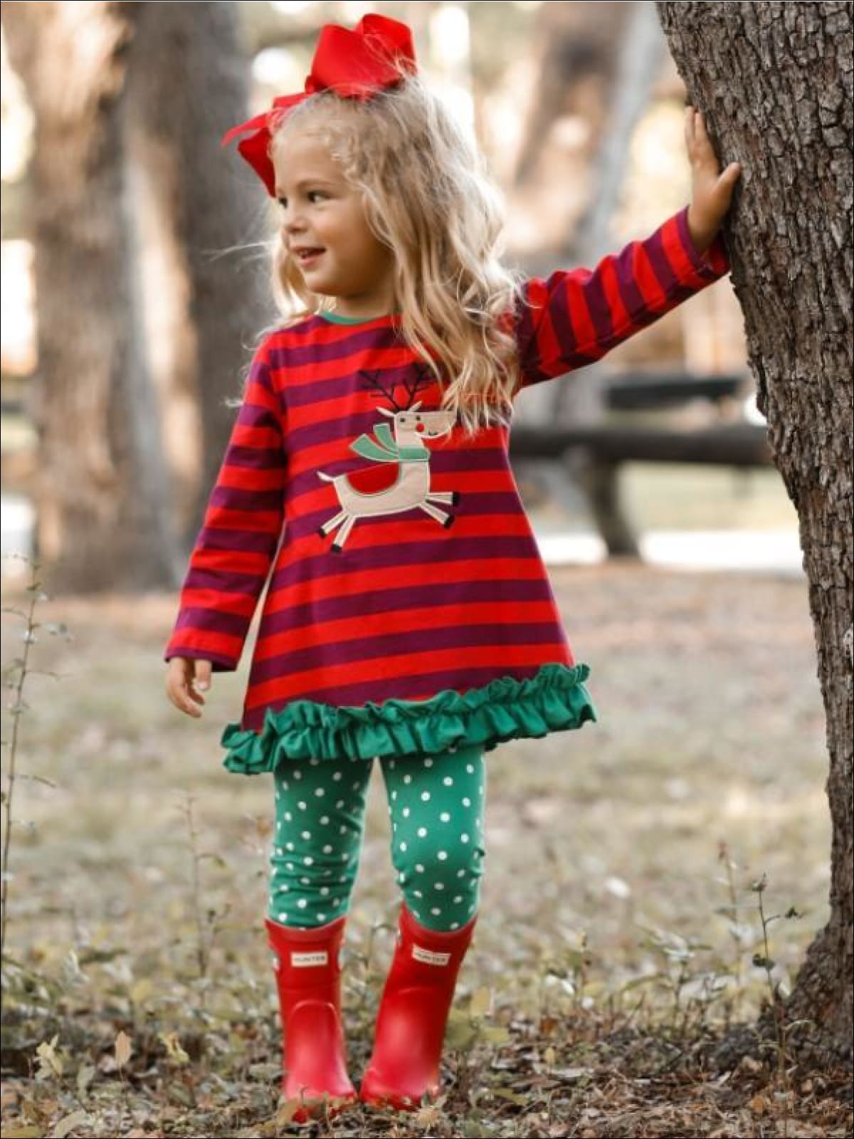 Girls Christmas Themed Striped Rudolph Applique Long Sleeve Tunic & Polka Dot Leggings Set - Girls Christmas Set