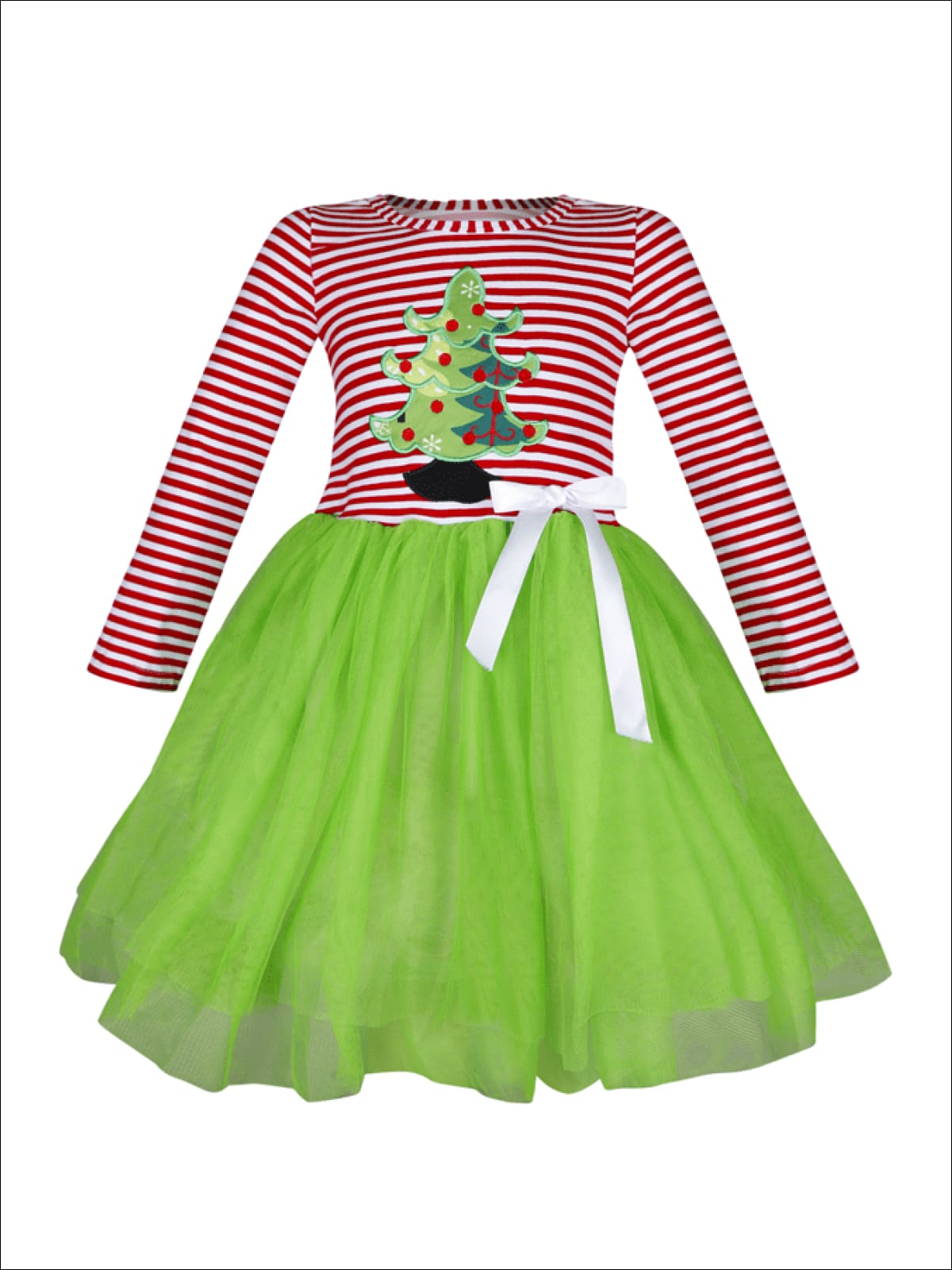 Girls Christmas Themed Striped Christmas Tree Applique Long Sleeve Tutu Dress - Green / S-3T - Girls Christmas Dress