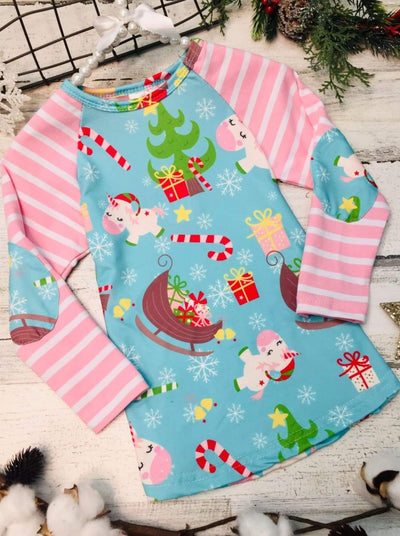 Girls Christmas Themed Unicorn Print Raglan Long Sleeve Top with Elbow Patches - Blue / XS-2T - Girls Christmas Top