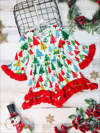 Girls Christmas Tree Bell Sleeve Tiered Lace Dress - Mint / 2T - Girls Christmas Dress
