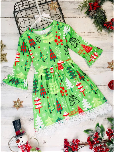 Girls Christmas Tree Ruffle Sleeve Lace Hem Dress - Green / 2T - Girls Christmas Dress