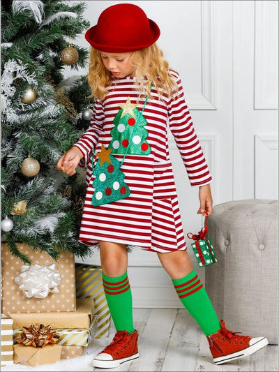 Girls Christmas Tree Striped Pocket Dress Purse and Socks Set - Girls Christmas Dress