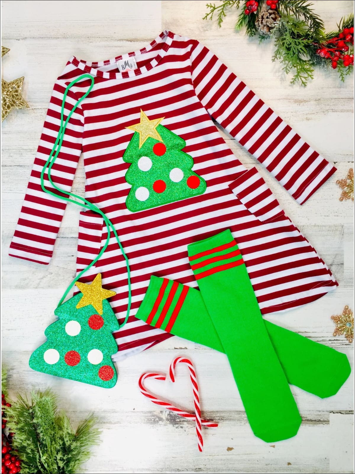Girls Christmas Tree Striped Pocket Dress Purse and Socks Set - Red / 2T - Girls Christmas Dress