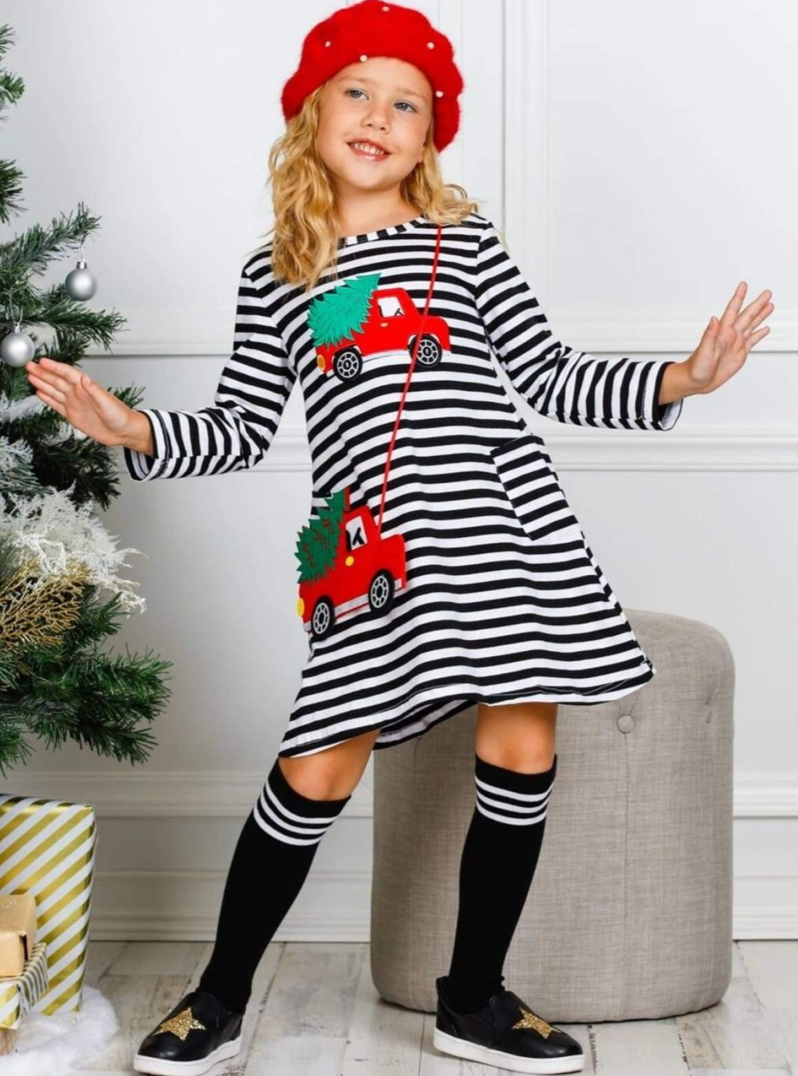 Cute Winter Sets | Girls Christmas Tree Truck Dress, Purse & Socks Set