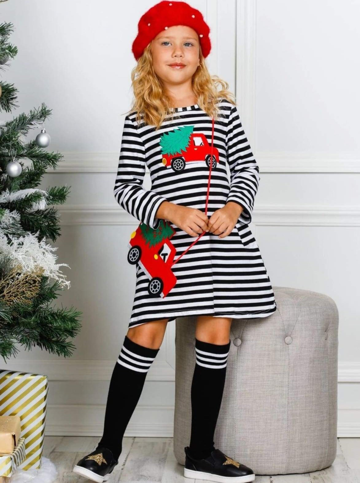 Cute Winter Sets | Girls Christmas Tree Truck Dress, Purse & Socks Set