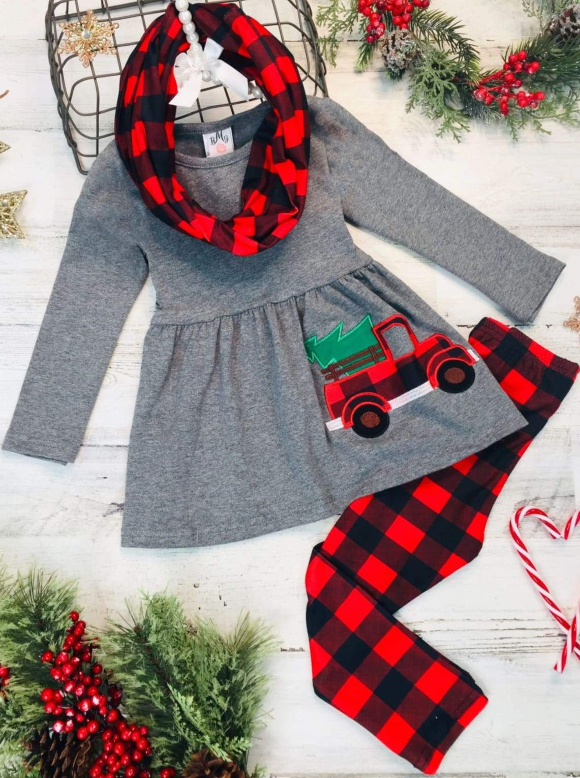 Cute Winter Sets | Girls Christmas Truck Tunic, Scarf, & Legging Set