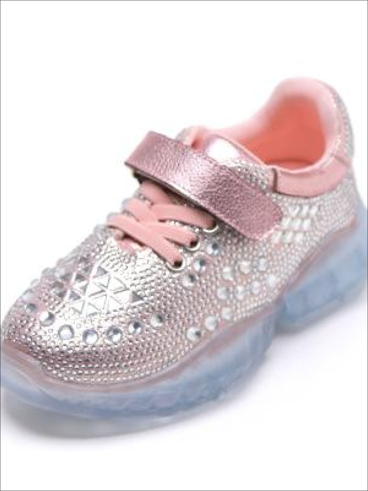 Girls Cinderella Rhinestone Adorned Sneakers with Velcro Strap - Pink / 1 - Girls Sneakers