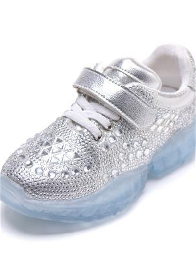 Girls Cinderella Rhinestone Adorned Sneakers with Velcro Strap - Silver / 1 - Girls Sneakers
