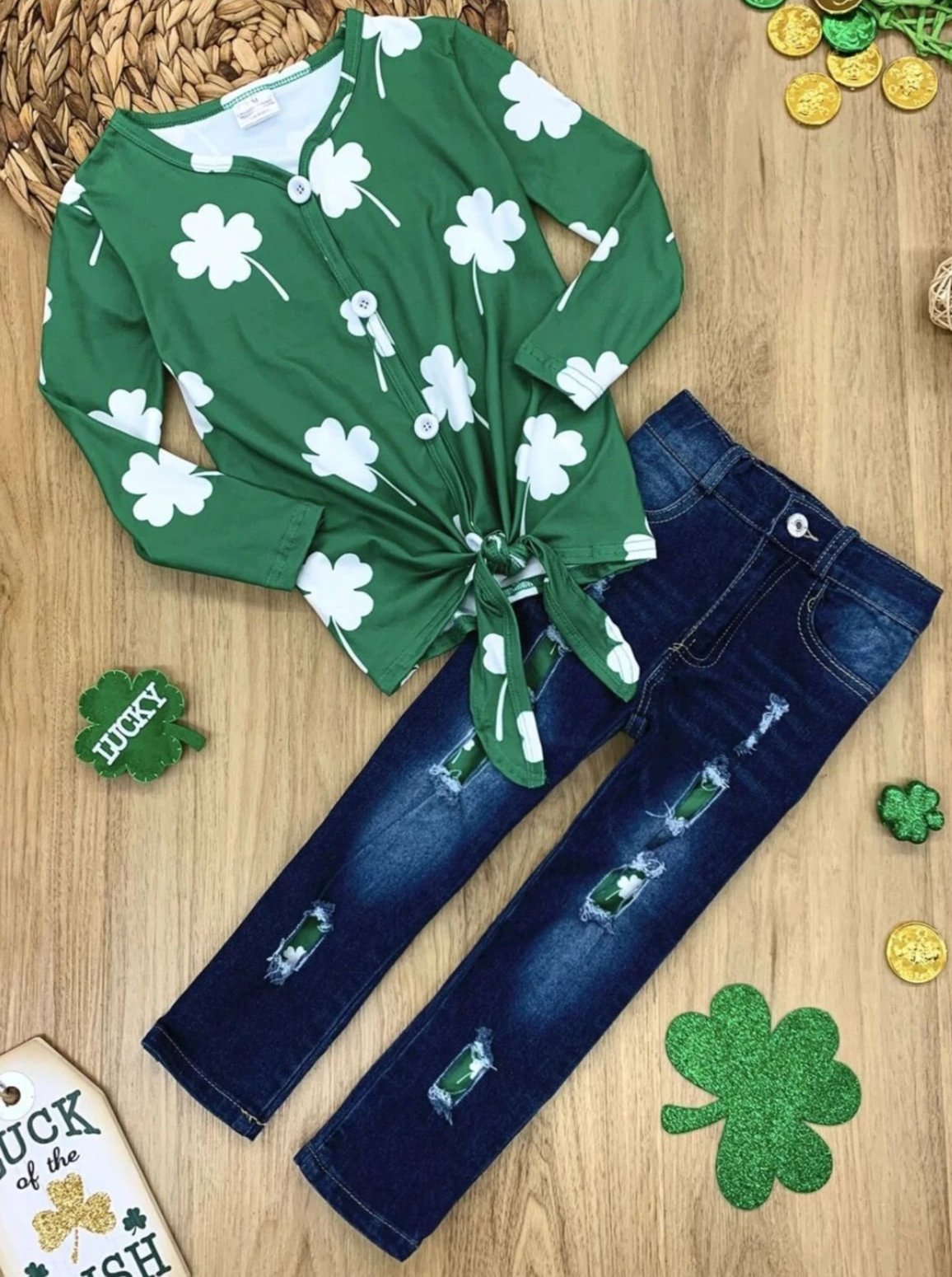 St. Patrick's Day Outfit |  Shamrock Knot Hem Top & Patched Jeans Set