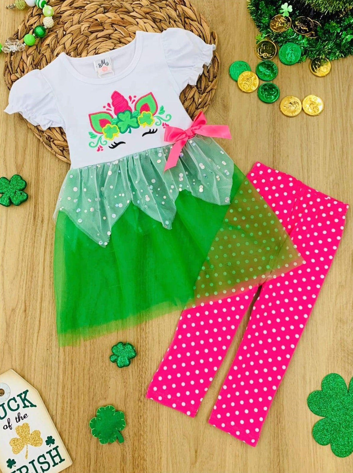 St. Patrick's Day Clothes | Unicorn Tutu Tunic & Polka Dot Legging Set
