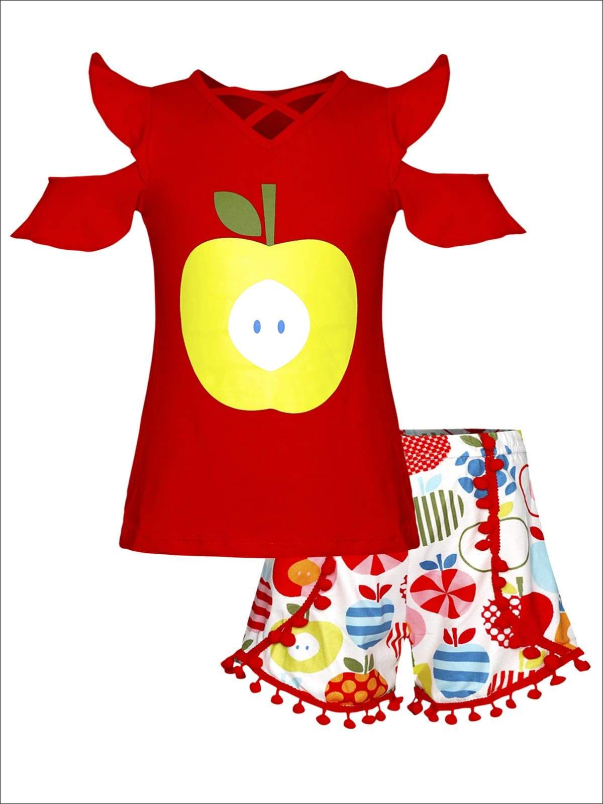 Girls Cold Shoulder Apple Print Top & Apple Print Pom Pom Shorts Set - Red / 4T - Girls 1st Day of School