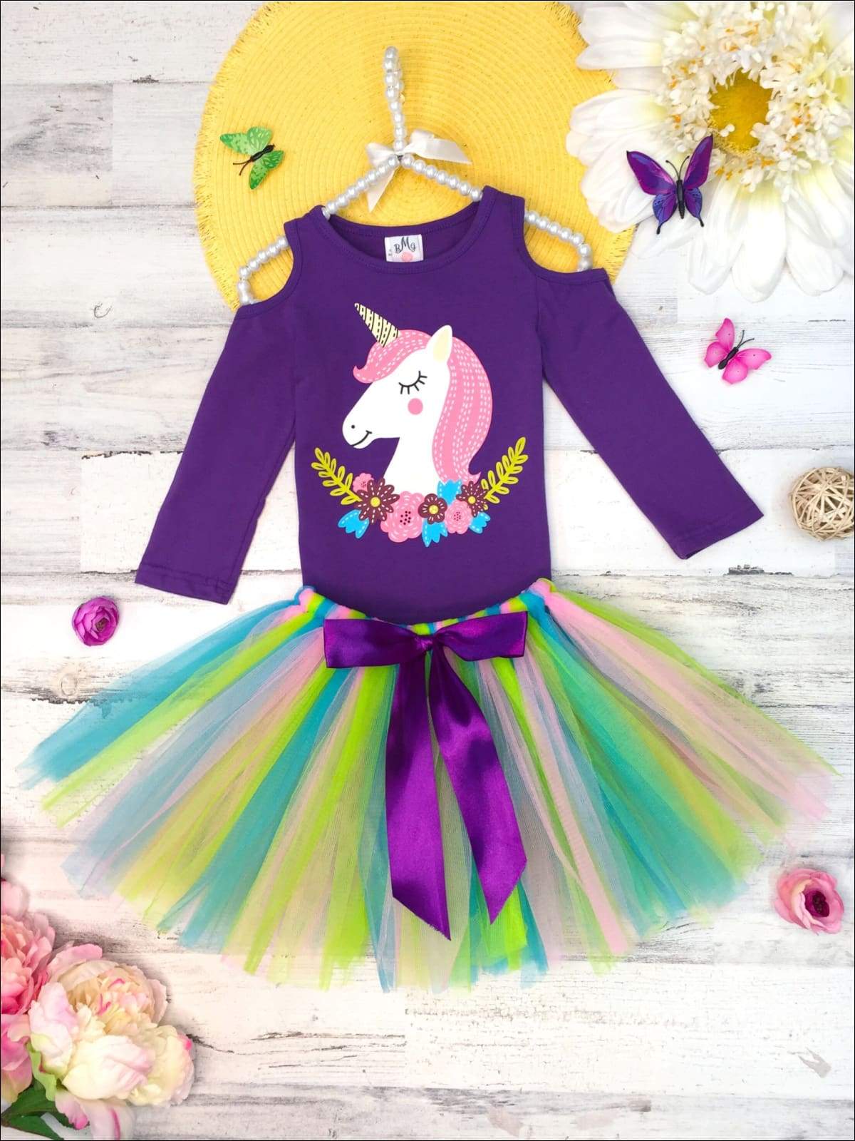 Girls Cold Shoulder Floral Unicorn Top & Multicolor Bow Tutu Skirt Set - Girls Spring Casual Set