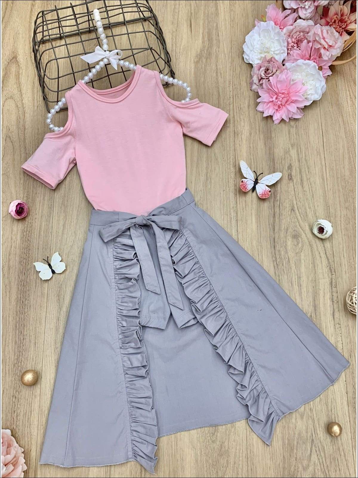 Girls Cold Shoulder Top and Ruffled Skirted Shorts Set - Grey / 2T/3T - Girls Spring Casual Set