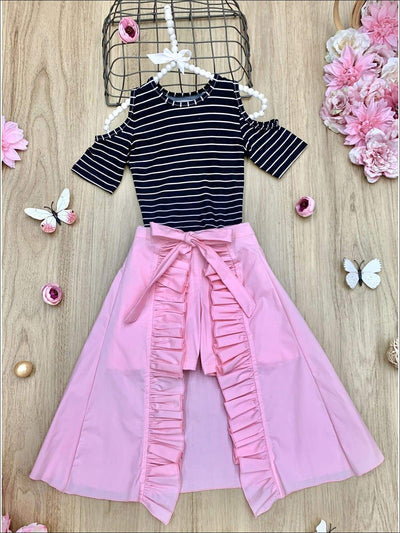 Girls Cold Shoulder Top and Ruffled Skirted Shorts Set - Pink / 2T/3T - Girls Spring Casual Set