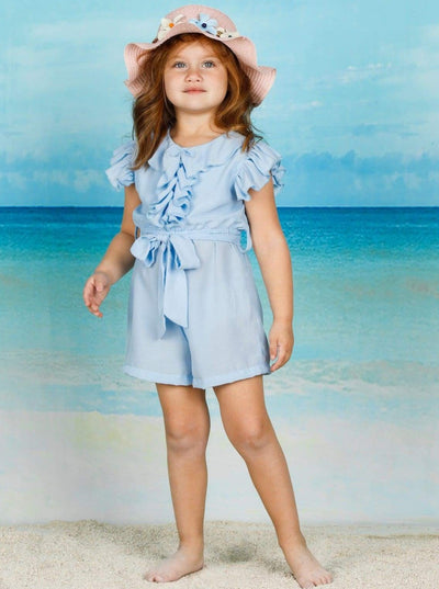 Girls Collared Flutter Sleeve Ruffled Romper With Sash - Girls Jumpsuit