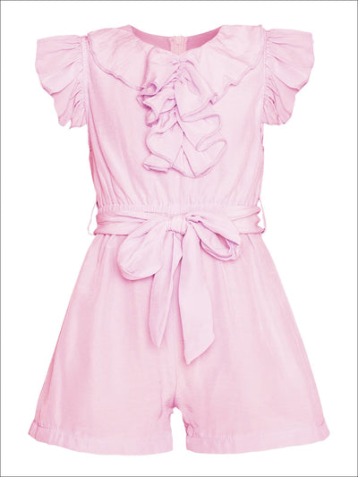 Girls Collared Flutter Sleeve Ruffled Romper With Sash - Girls Jumpsuit