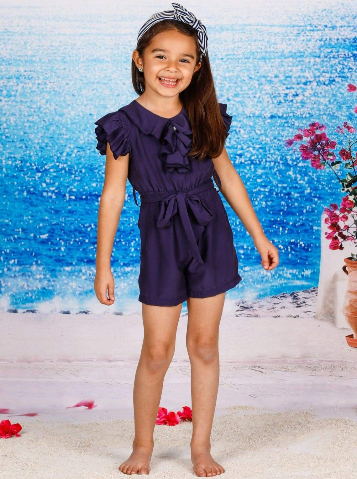Girls Collared Flutter Sleeve Ruffled Romper With Sash - Navy / 2T/3T - Girls Jumpsuit