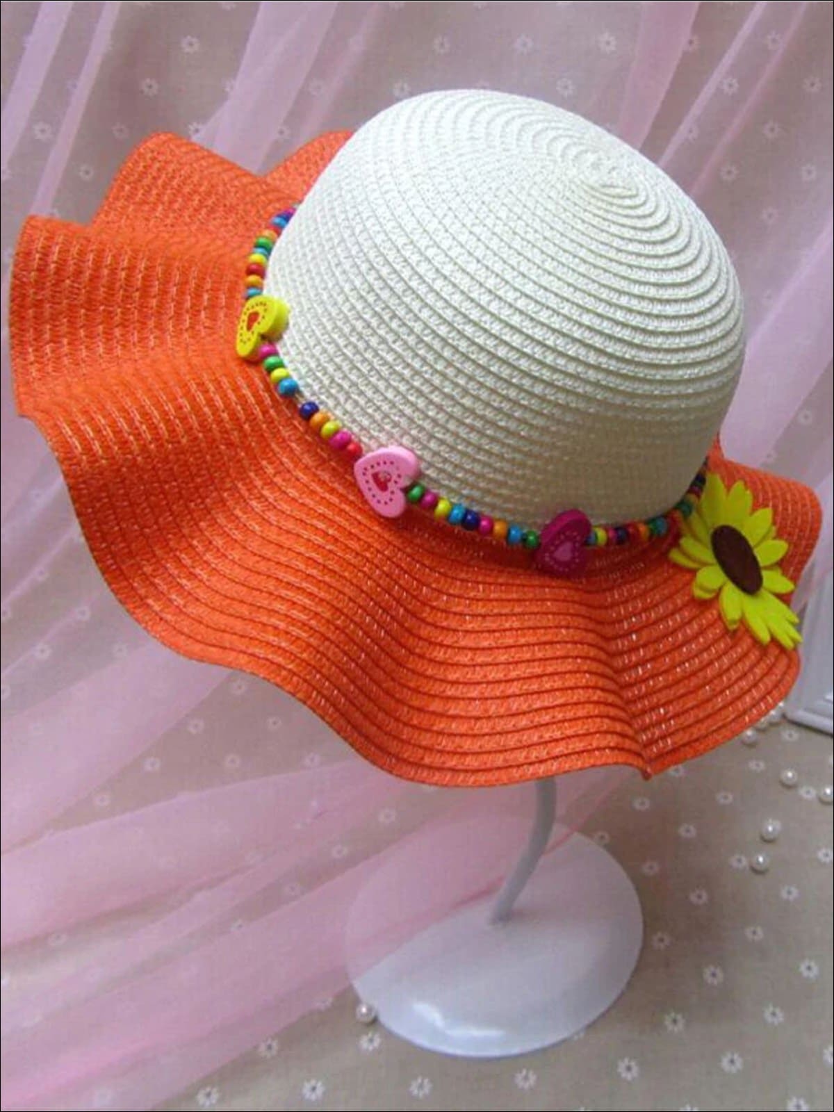 Girls Colorful Sunflower Straw Hat - Orange - Girls Hats