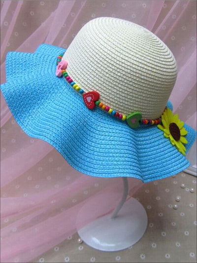 Girls Colorful Sunflower Straw Hat - Sky Blue - Girls Hats