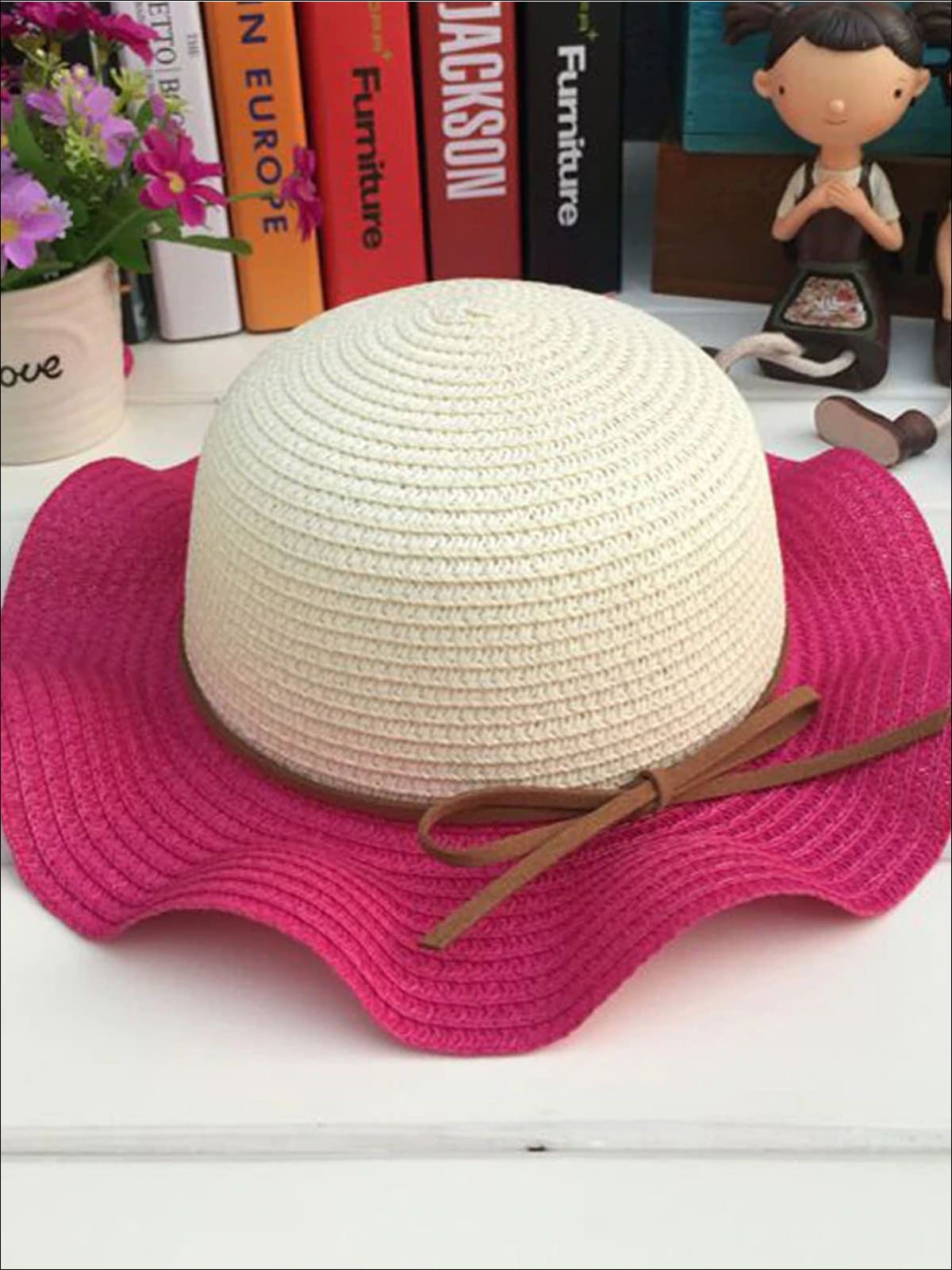 Girls Colorful Wave Edge Straw Hat - Hot Pink - Girls Hats