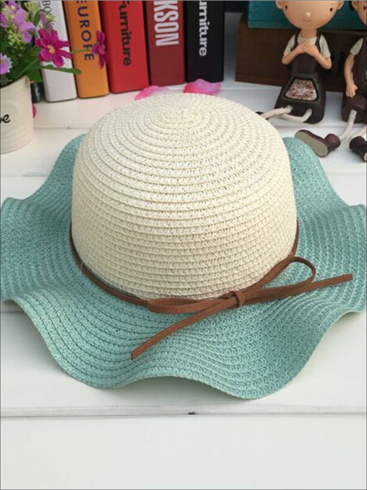 Girls Colorful Wave Edge Straw Hat - Mint - Girls Hats