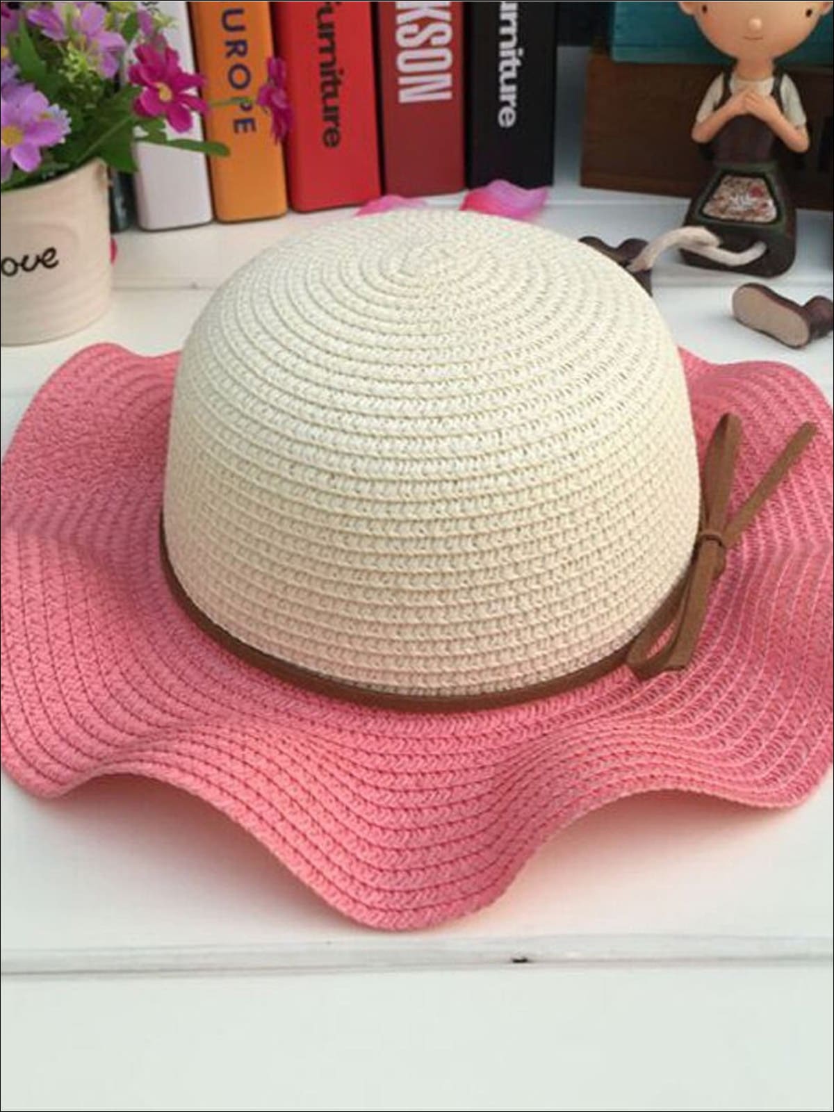 Girls Colorful Wave Edge Straw Hat - Pink - Girls Hats