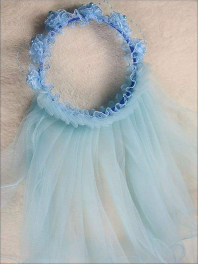 Girls Communion Floral Beaded Hairband & Tiered Veil - blue / One Size - Communion Headband