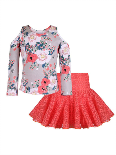Girls Coral & Floral Cold Shoulder Top with Lace Skirt Set - Orange/Floral / 2T/3T - Girls Fall Dressy Set
