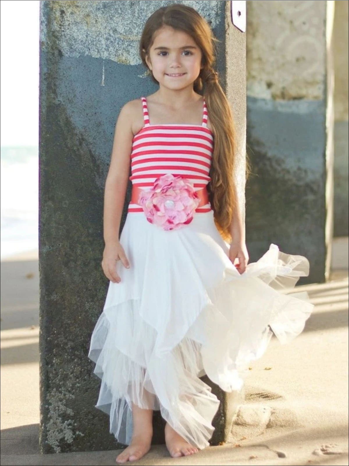 Girls Coral/Creme Hankerchief Dress With Flower Belt - Coral Creme / 4T - Girls Spring Dressy Dress