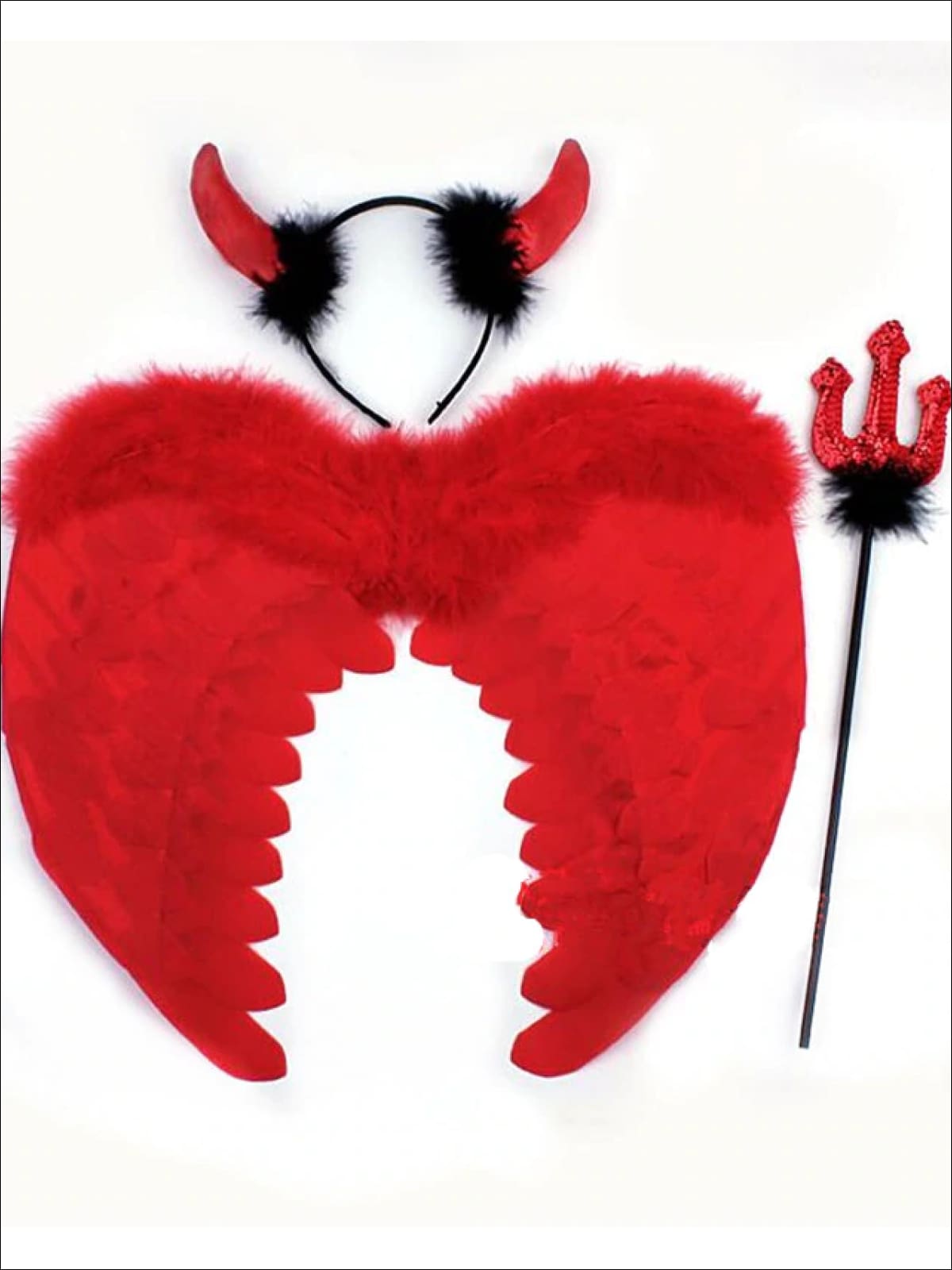 Girls Costume Devil Feather Wings Headband & Pitch Fork Set - Red - Girls Halloween Costume