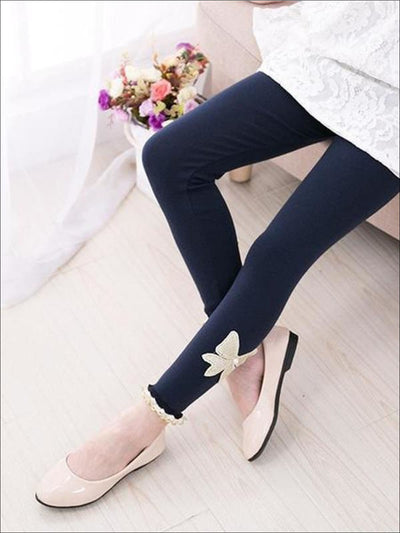 Girls Cotton Lace Bow Leggings - Blue / 2T - Girls Leggings