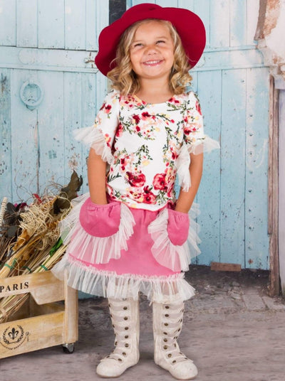 Girls Crème & Dusty Rose Skirt & Floral Top Set - Girls Fall Casual Set