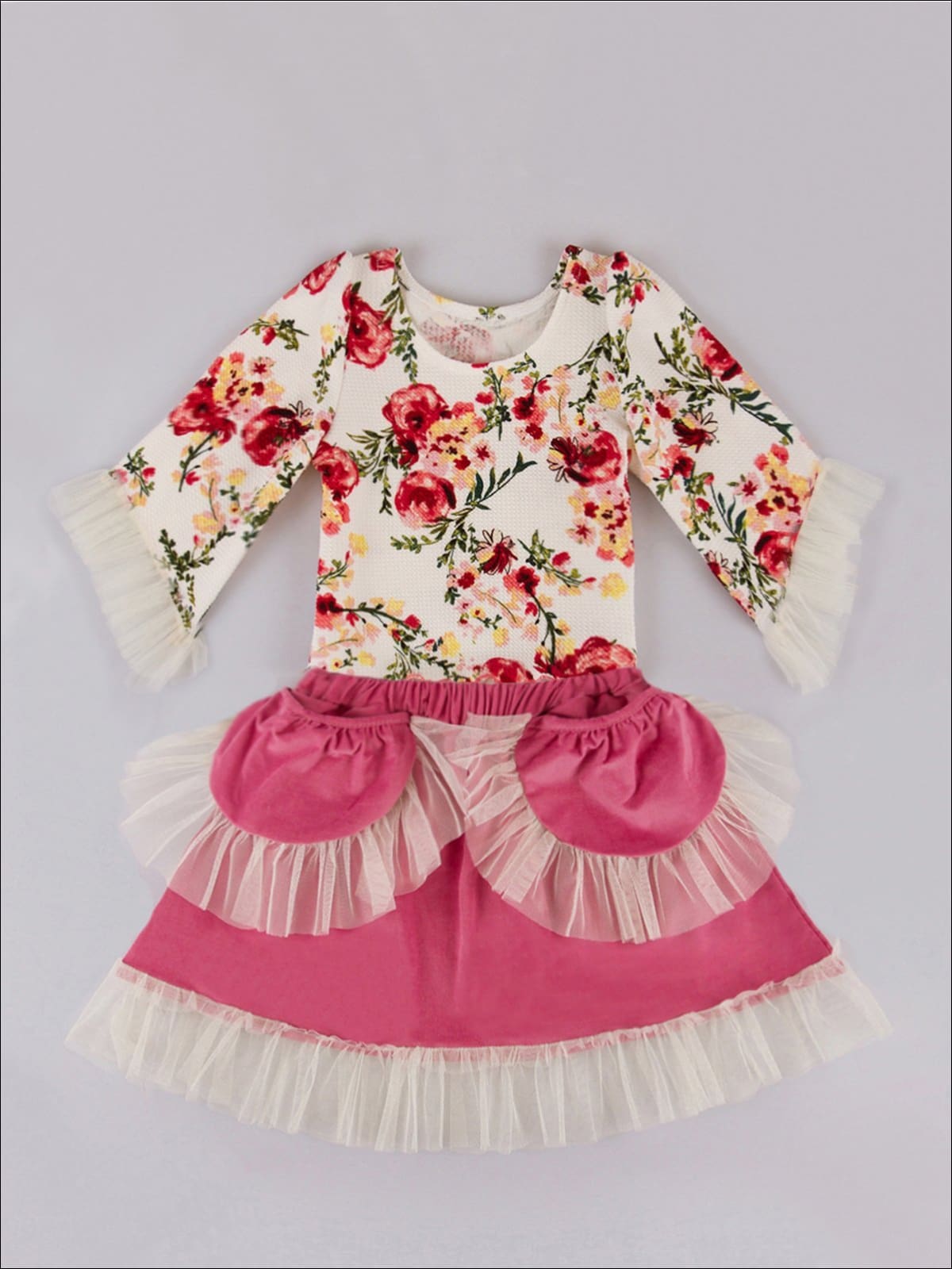 Girls Crème & Dusty Rose Skirt & Floral Top Set - Girls Fall Casual Set