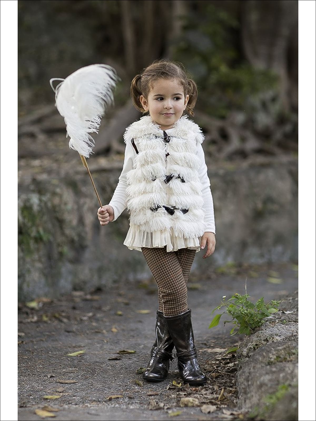 Girls Creme Furry Vest With Pleated Chiffon Trim - Fall Low Stock