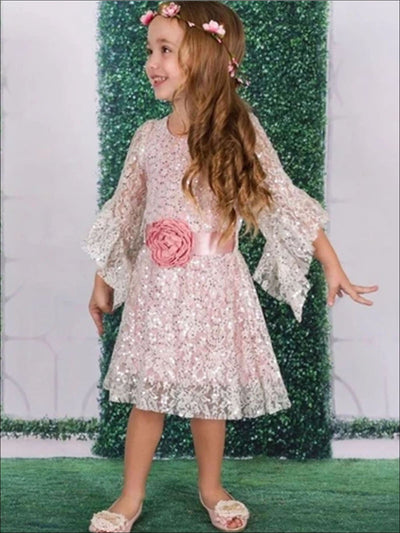 Girls Crème & Pink Sequin A Line Dress with Flower Belt - Girls Spring Dressy Dress