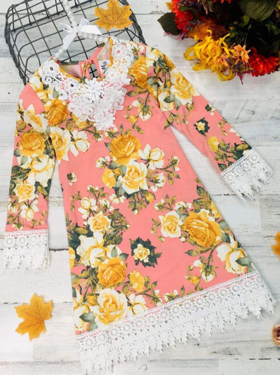 Girls Crochet Bib Hem & Sleeve Boho Dress - Pink / 2T/3T - Girls Fall Casual Dress
