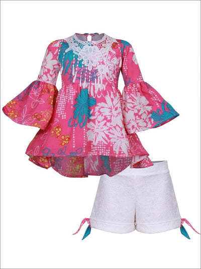 Girls Crochet Fringe Bib Boho Sleeve Tunic & Cuffed Bow Shorts Set - Pink / 2T/3T - Girls Spring Casual Set